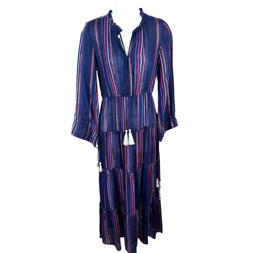 Raga‎ NWT Maxi Dress SZ Small Navy Blue Red Striped Metallic Tiered Boho Tassel